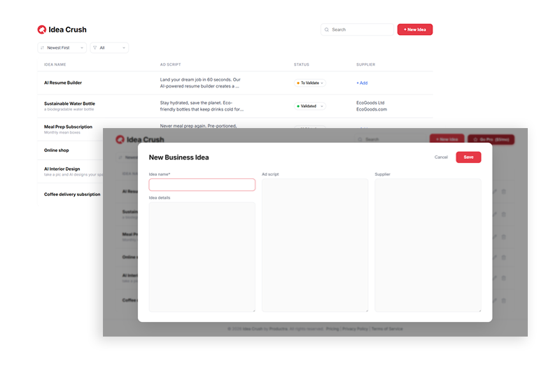 Idea Crush features — idea tracking, validation, and ad scripts