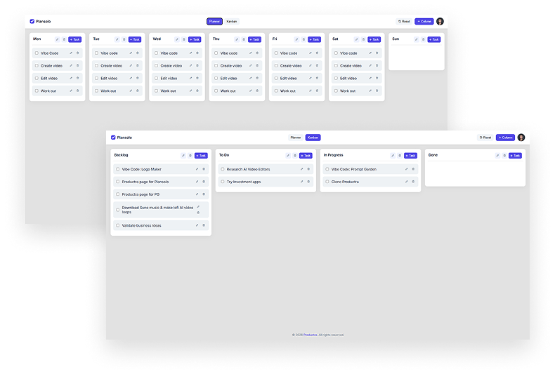 Plansolo features — kanban boards and project management
