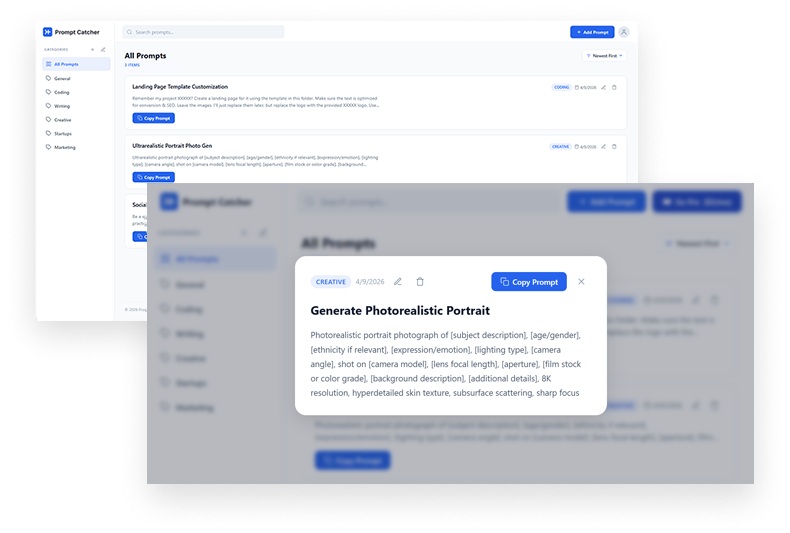 Prompt Catcher features — categories, search, and one-click copy