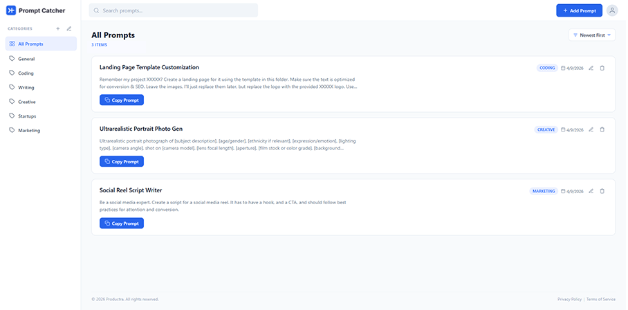 Prompt Catcher app — prompt library and organizer
